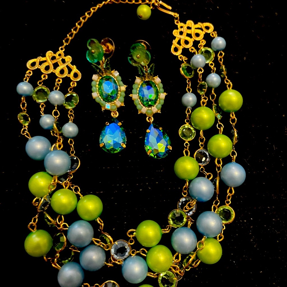 Gold tone Green and Light Blue Crystal Necklace and Matching Earrings Set